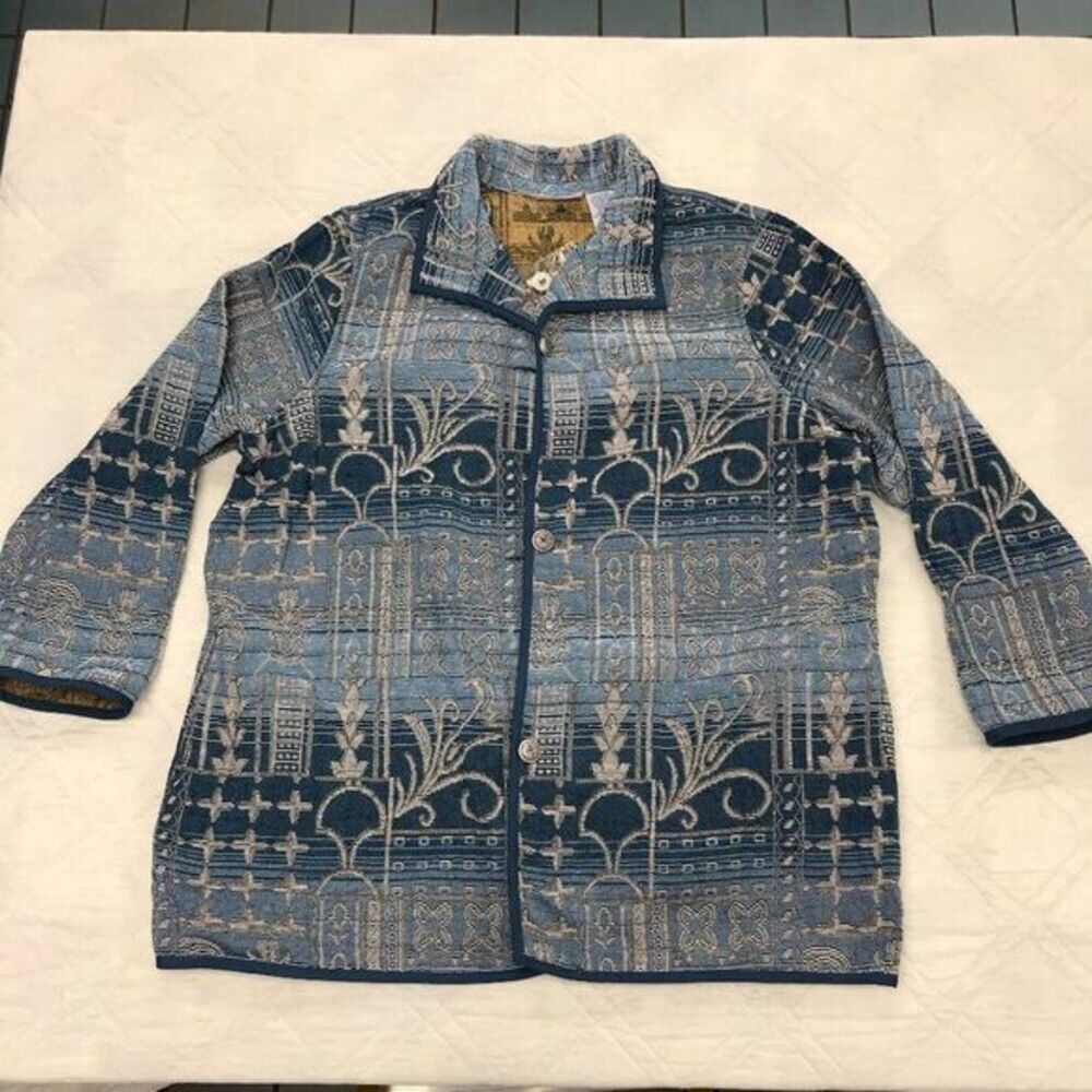 Vintage Blair womens blue jacket silver tapestry long coat 2XL nwt